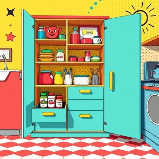 A vibrant PopArt-inspired illustration of accessible kitchen storage solutions, showcasing a cheerful, oversized cabinet with open shelves filled with colorful, neatly arranged containers, jars, and utensils. Floating drawers with playful handles reveal easy-to-reach storage options, complemented by whimsical labels in bold, comic-style fonts that add personality. The lively kitchen environment features bright pastel walls, checkered floor tiles, and quirky patterns in the background, evoking warmth and approachability. Fun details include a cartoonish, smiling measuring cup and a talking spice jar with expressive eyes, emphasizing ease of use for all. The scene's lively color palette combines reds, yellows, turquoise, and pinks to create an energetic, upbeat mood that conveys friendliness and practicality. Emphasizing fun and innovation, the composition balances clean graphic lines with exaggerated proportions, while subtle comic-style halftone dots and abstract kitchen gadgets in the background enhance the PopArt aesthetic. Overall, this image highlights creative, accessible kitchen storage ideas that make organization joyful and inviting.