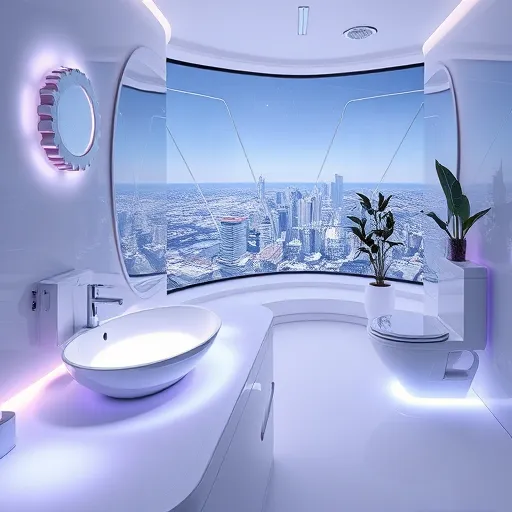 A futuristic bathroom featuring smooth, curvilinear surfaces and seamless fixtures made from reflective metallic materials with iridescent accents. Soft ambient LED lighting embedded within floating surfaces casts a calming glow over a cool color palette of silvery whites, icy blues, and subtle lavender hues. The translucent, glowing countertop appears weightless, complemented by minimalist floating storage compartments with holographic projections, adding high-tech sophistication. A sleek, elongated digital mirror floats above a modern sink, reflecting the environment with a shimmering quality. Quirky details include a wall-mounted, gear-shaped towel holder that rotates gently and a futuristic toilet with integrated, stylized controls. The background showcases a panoramic window with morphing geometric stained-glass patterns, revealing an expansive view of an otherworldly landscape, such as shimmering skyscrapers or a starry night sky. Futuristic plants with glowing leaves in minimalist planters provide organic contrast within the sleek environment. The scene embodies a calm, playful tone with dynamic lines, bold geometries, and an energetic, optimistic Futurism style, blending innovation, style, and practicality.