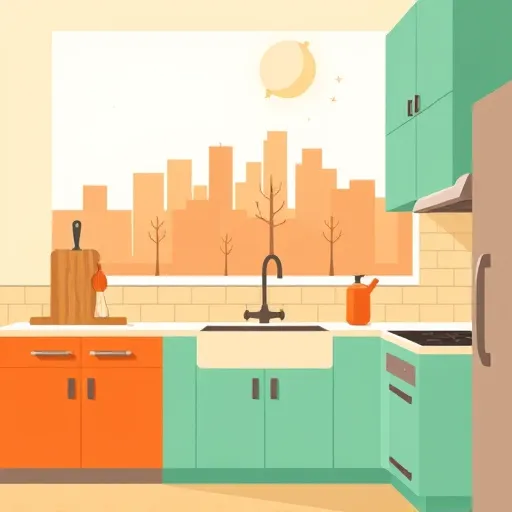 A vibrant, abstract illustration of an affordable kitchen remodel in Temple Hills, Maryland, showcasing modern yet budget-friendly design with clean, geometric shapes representing cabinets, countertops, and appliances in a Bauhaus style. The image features warm terracotta oranges, mint greens, and creamy beige tones creating a welcoming atmosphere. Playful details include exaggerated cabinet handles, stylized Maryland-shaped cutting boards, and quirky utensils with unexpected angles, adding personality. Background elements depict a simplified Temple Hills cityscape with geometric trees and a crescent moon, suggesting evening renovation projects and community warmth. Abstract tile patterns and angular window shapes with sunlight streaming through emphasize creativity and practicality. The overall mood balances professionalism with a fun, inviting vibe, highlighting stylish, affordable kitchen upgrades that combine functionality with artistic design.
