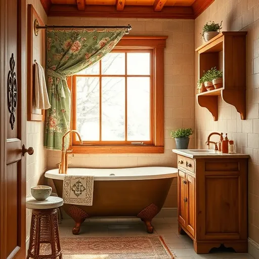 A cozy bathroom interior featuring warm wooden cabinetry with detailed carvings and matte ceramic tiles in earthy moss green, burnt orange, and warm beige tones. Vintage, eco-friendly fixtures include an aged clawfoot bathtub with woven wicker accents, a handcrafted wooden vanity with decorative paneling, and softly gleaming copper fixtures. Playful details add charm: a whimsical floral shower curtain with folk-art patterns, potted succulents and herbs on open shelving, and handmade ceramic soap dishes with rustic glazes. A leaded-glass window reveals a cheerful winter landscape with snow outside, while bright natural light filters in, casting gentle shadows and highlighting handcrafted textures. The scene embodies an inviting, resourceful arts and crafts style with a rustic, festive personality, blending sustainable remodeling ideas with cozy, artisan ambiance in warm browns, forest greens, soft creams, and sunny ambers.