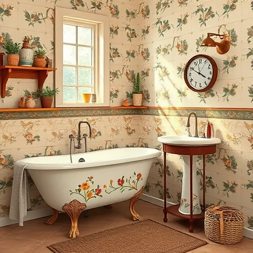 A whimsical bathroom scene featuring an accessible, creatively renovated space with vintage faucets and fixtures repurposed into a charming design. Handmade tiles with delicate floral patterns in warm earthy tones—ochre, moss green, terracotta, and cream—decorate the walls, inspired by the Arts and Crafts Movement. Vintage wooden shelves display mismatched ceramic containers, potted plants, and quirky decor items, adding personality and a touch of nature. A clawfoot bathtub with ornate, slightly distressed finish sits beside a simple, hand-painted washbasin, evoking craftsmanship and warmth. Light filters through a small leaded glass window, casting a gentle glow that enhances the cozy atmosphere. The background includes textured wallpaper with classic geometric Arts and Crafts patterns, complemented by a woven rug on the floor. Small details like a vintage toothbrush holder, woven baskets, and a retro clock add playful charm. The overall ambiance is calm, inspiring, and full of personality, blending traditional craftsmanship with a quirky twist to showcase affordable, creative bathroom renovations.