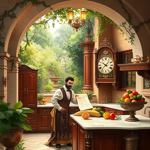 A Renaissance-style kitchen scene set within a lush garden, featuring an ornate stone archway framing a beautifully crafted kitchen with wooden cabinets, brass fixtures, and intricate tiled surfaces. Soft sunlight filters through vine-covered trellises overhead, illuminating the space. A chef-like figure wearing a whimsical embroidered apron with tiny cooking tools stands at a marble countertop, examining a scroll with renovation sketches. Nearby, a detailed Renaissance-style clock with gears and celestial motifs hints at timeless craftsmanship. Vibrant, stylized produce in bowls showcases rich reds, golds, and greens, reflecting warmth and trust. The backdrop includes lush greenery, ornate fountains, and blooming flowers, emphasizing themes of renewal and transformation. The scene is rendered with painterly brushstrokes and warm earthy tones with gold accents, combining classical grandeur with modern affordability for kitchen remodeling in Largo, Maryland.