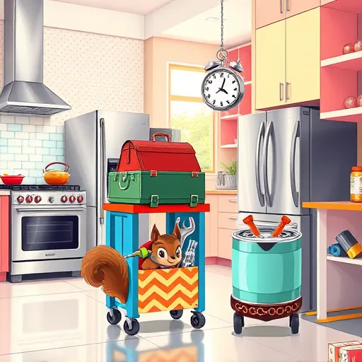 A vibrant digital illustration depicting a busy kitchen renovation scene with a playful, lively style. The image shows modern, shiny stainless steel appliances, including refrigerators and sleek cooktops, in the process of installation. A colorful rolling cart holds various tools and a quirky, oversized toolbox. The freshly painted walls feature cheerful pastel colors with bold patterns like polka dots and chevrons, highlighting a quick yet stylish makeover. A whimsical clock with exaggerated hands shows a time nearing midnight, emphasizing the urgency. Small humorous details include a tiny animated stopwatch peeking from a paint can, a paint roller with a superhero cape, and a mischievous squirrel wearing a tiny wrench helping hang cabinets. The spacious open-plan background is illuminated by sunlight streaming through a large window, creating an energetic and optimistic atmosphere. The scene captures the chaos, creativity, and fun of a last-minute kitchen renovation, conveyed through sharp lines, vibrant colors, and dynamic composition.