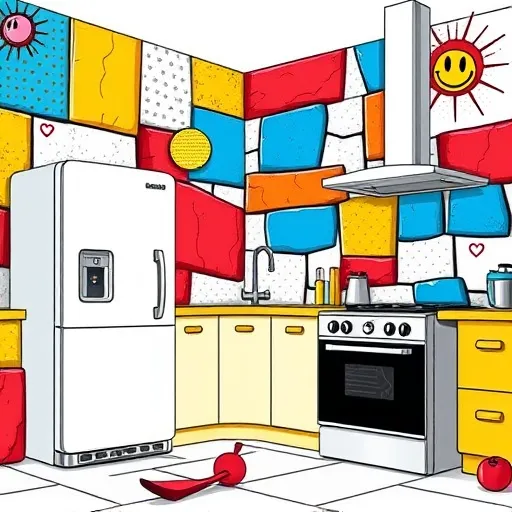 A vibrant, PopArt-style digital illustration of a modern kitchen corner featuring bold, stylized stone veneer wall panels. The exaggerated stone surfaces are decorated with playful geometric patterns, smiley faces, starbursts, and stylized swirls, rendered in bright, saturated colors such as electric blue, fiery red, sunshine yellow, and white. The stones are outlined with thick black lines and shaded with dotted half-tone patterns to create depth and visual interest. The simplified, cartoonish kitchen includes minimalist appliances like a bold-line fridge and stove, with floating, exaggerated kitchen utensils adding a whimsical touch. Abstract geometric shapes and comic-style bursts in the background enhance the energetic, lively atmosphere, emphasizing the appeal of creative, eye-catching stone veneer for kitchen renovation ideas and DIY projects.