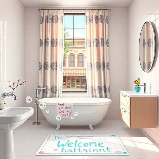 A vibrant digital illustration depicting a modern bathroom renovation scene inspired by Hyattsville, Maryland. In the foreground, a sleek bathroom features glossy white tiles, shiny chrome fixtures, and a partially open vanity cabinet revealing organized storage. Bright, warm light streams through a large window adorned with quirky, vintage-inspired curtains with geometric patterns, reflecting Hyattsville’s eclectic style. Playful, miniature tools—including cartoon-style paint rollers, tiny smiling hammers, and colorful paint swirl bubbles—float around, adding whimsy. An animated blueprint with small icons of bathtubs, tiles, and fixtures unrollsNearby, a hand-painted street scene of Hyattsville’s charming murals, storefronts, and lush greenery is visible beyond a transparent bathroom window, blending interior and exterior environments. The color palette features warm pastel pinks, soft blues, and earth tones, creating an inviting, lively atmosphere. The art style combines digital brushstrokes with a comic flair, emphasizing approachability and local character. Quirky details like a colorful bird on the faucet handle and a cheerful soap dispenser enhance the scene’s cheerful and welcoming mood, making it an engaging visual promoting bathroom renovation packages in Hyattsville.