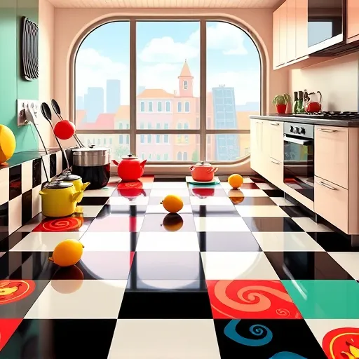 A vibrant PopArt-inspired scene featuring sleek ceramic kitchen floor tiles with bold geometric patterns and striking colors. The floor showcases high-contrast black-and-white checkerboard designs alongside lively swirling motifs in bright reds, electric blues, sunny yellows, and emerald greens, creating an energetic, kaleidoscopic effect. Oversized, whimsical kitchen utensils—including exaggerated spatulas, colorful pots, bouncing teapots, and cartoonish fruit slices—add a playful, quirky atmosphere to the scene. In the background, a stylized cityscape with bubblegum-colored buildings and playful cloud shapes is visible through large, rounded windows, enhancing the cheerful mood. The environment exudes fun and creativity with exaggerated shadows, bold outlines characteristic of PopArt, and dramatic highlights on glossy, reflective tiles that emphasize their texture. Quirky details like a bouncing lemon and a leaping tomato inject humor and personality, making the scene lively, energetic, and whimsically charming.
