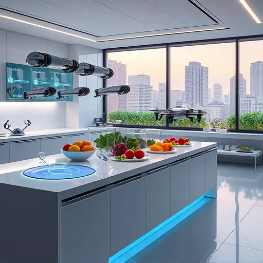 A futuristic smart kitchen scene featuring seamless technology integration, with sleek countertops embedded with touchscreens and glowing digital interfaces. Above a minimalist island, robotic arms carefully arrange vibrant, colorful vegetables into artistic patterns. Transparent smart glass cabinets display neatly organized, backlit cooking tools and ingredient jars with floating labels. Soft ambient lighting casts a gentle glow, creating a calm and innovative atmosphere. Playful floating icons of recipe ideas orbit a central virtual assistant, while holographic cooking instructions and a whimsical mini drone with tiny utensils add personality and fun. In the background, a panoramic window showcases a lush urban rooftop garden, symbolizing sustainability and harmony between natural growth and high-tech living. The art style is visionary with surreal lines and vibrant colors, emphasizing a sleek, inviting future of culinary innovation and smart kitchen technology.