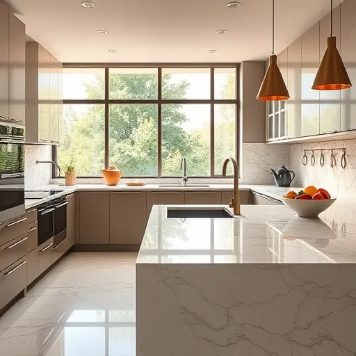 A modern, sophisticated kitchen featuring polished marble countertops, an elegant marble backsplash, and a central marble island. Streamlined, minimalist cabinetry in muted tones contrasts beautifully with the intricate veining of the marble surfaces. The space is illuminated by natural light from large windows, showcasing reflections on the marble and revealing a lush garden outside. Decorative touches include a vintage teapot on the counter and a colorful fruit bowl adding playful accents. The scene is rendered in a SocialRealism style, emphasizing realistic textures and craftsmanship with warm earth tones, muted grays, and soft whites, creating an inviting, stylish atmosphere that blends luxury with personality.