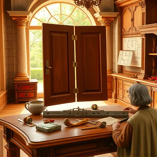 A detailed High Renaissance-style interior scene depicting the art of repairing uneven kitchen cabinet doors. The elegant, classical kitchen is bathed in warm, golden light that highlights craftsmanship and harmony. A large cherry wood worktable, scattered with traditional woodworking tools such as chisels, hammers, measuring tapes, and a level, showcases intricate detail and mastery. An open, ornate cabinet door reveals its inner mechanics, including tiny gears and hinges with whimsical, clockwork-like features and miniature, playful gears. An artisan dressed in flowing Renaissance attire, with a serene expression, carefully adjusts a hinge with gentle, skillful hands, embodying calm dedication. In the background, majestic stone archways and classical columns frame a view of a lush garden through a window, symbolizing growth and harmony. Hanging nearby are detailed sketches and blueprints with humorous touches like a floating plumb bob with a tiny, mischievous smile, emphasizing precision and creativity. The scene’s color palette includes warm ochres, deep reds, and subtle gold accents, blending noble craftsmanship with a playful, inviting tone, perfect for a blog about artistic and practical home repairs.