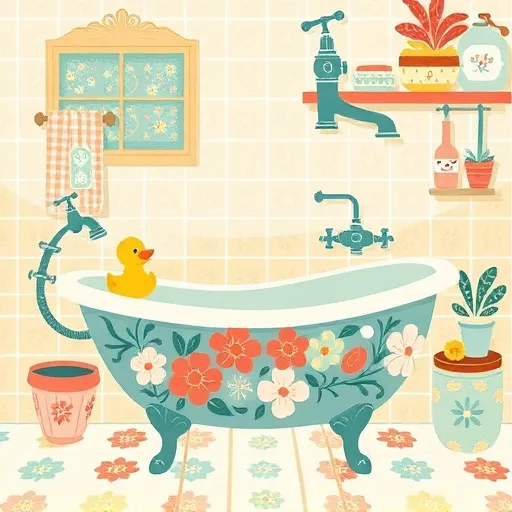 A whimsical folk art-inspired bathroom scene illustrating the benefits of bathroom renovation. The image features a vintage-style bathtub decorated with intricate floral patterns, surrounded by colorful rubber duckies and neatly hung patterned towels. A retro sink with decorative floral tiles adds charm, set against a background of stylized bathroom walls with ornate tiles and small potted houseplants with exaggerated leaves. Shelves hold cheerful, handcrafted soap bars and bath salts in quirky jars. A smiling, anthropomorphic faucet with animated eyes and a goofy grin adds playful personality. The scene conveys a sense of cleanliness, comfort, and aesthetic upgrade with soft, warm hues of muted teals, gentle corals, and sunny yellows. Eco-friendly touches include a small recycling bin filled with paper and plant-based cleaning products. Overall, the illustration is playful, warm, and charming, highlighting the transformative power of bathroom renovation through exaggerated patterns and folksy details.