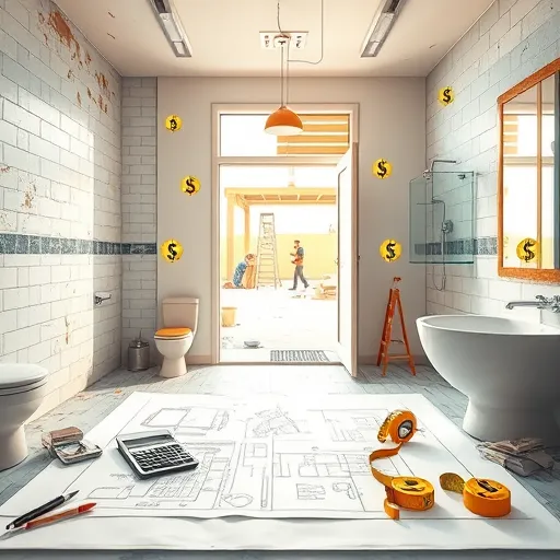 A detailed scene illustrating a bathroom remodel cost estimator, split into two contrasting halves: the left shows a cluttered, outdated bathroom with peeling tiles, cracked fixtures, and scattered tools, while the right displays a sleek, modern renovated bathroom with polished surfaces, new fixtures, and bright lighting. In the foreground, an open blueprint table features bathroom layout sketches, surrounded by calculators, measuring tapes, and playful floating price tags shaped like dollar signs and tiny tiles. Soft, warm light streams through a large window, illuminating the scene and highlighting the transformation process. In the background, a busy construction site with ladders, paint buckets, and workers is visible through an open door, adding a lively atmosphere. The color palette includes earthy browns, calming blues, vibrant whites, with accents of yellow and green to evoke reliability, energy, and freshness. The art style is SocialRealism, emphasizing realistic textures and detailed brushwork, with quirky details like smiling dollar signs and tool icons that add personality and charm, making it an engaging visual for bathroom renovation budgeting and cost estimation.