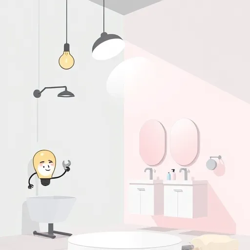 Minimalist illustration of a modern bathroom corner highlighting lighting issues: a dim overhead light fixture casting uneven shadows, a quirky anthropomorphic light bulb with a confused expression holding a tiny wrench, and a series of vanity mirrors showing varying lighting brightness—one too bright, one too dim. The clean, geometric space features subtle tile textures, a minimalist shelf with stylized toothbrushes and soap dispensers, all set against a soft gradient background of pastel mint and blush pink. The artwork emphasizes solving bathroom lighting problems with playful, expressive elements and a harmonious, simple design.