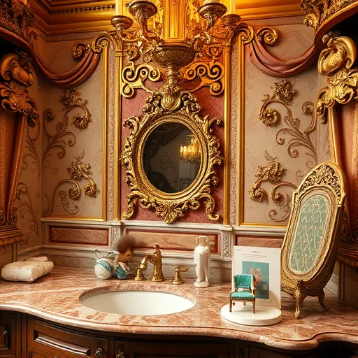 A luxurious Baroque-inspired bathroom scene featuring an ornate marble countertop adorned with various renovation materials, including shimmering marble slabs, vintage-style ceramic tiles, and brass fixtures. The scene is framed by elaborate rococo motifs and a richly textured wall decorated with gold leaf accents, stuccoes, and shimmering draperies. A grand chandelier casts warm, golden light across glossy surfaces and intricate carvings, enhancing the sense of opulence. Playful, whimsical details add personality, such as a tiny gilded mirror reflecting the scene, a miniature soap chair, and a mischievous squirrel perched on a faucet. The color palette includes rich golds, deep browns, creamy beiges, jewel tones like emerald and ruby, with subtle pastel pinks, creating an atmosphere of luxurious contemplation combined with modern bathroom renovation elements. The composition merges historical Baroque grandeur with contemporary bathroom design and renovation material comparisons, highlighting craftsmanship and elegance.