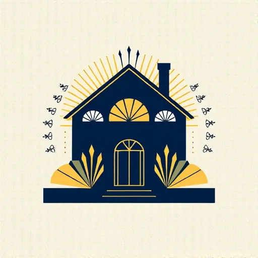 A logo inspired by Art Deco design featuring a sleek, stylized house silhouette with geometric patterns, bold lines, and symmetrical motifs such as stepped arches and sunburst accents. The logo employs a rich color palette of deep golds, midnight blues, and white highlights to evoke luxury and elegance. Decorative elements around the house include fan motifs, zigzags, and chevrons, adding glamour and rhythmic harmony. Soft gradients and metallic accents enhance the opulent appearance, while whimsical details like tiny arrows and starbursts introduce personality. The background showcases a textured pattern reminiscent of vintage wallpaper, blending teal and champagne tones for depth and a calming atmosphere. Overall, the logo exudes refined creativity and timeless style, blending classic design with modern home remodeling themes in a captivating and sophisticated visual presentation.