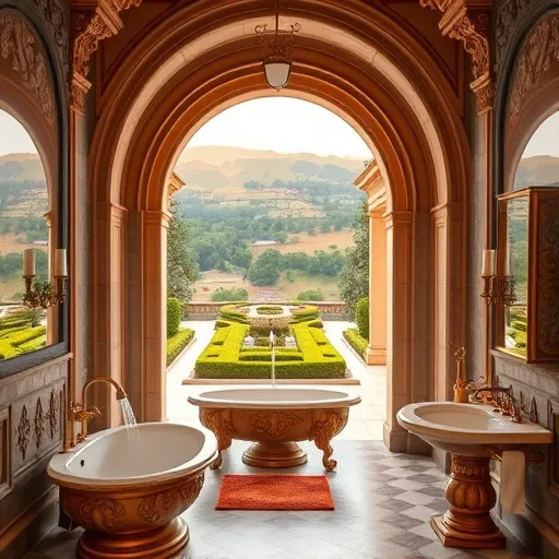 A detailed Renaissance-inspired bathroom scene highlighting top remodeling companies in Upper Marlboro, Maryland. The image features an ornate marble arched doorway leading to a luxurious bathroom with classical architectural elements and modern fixtures. Elegant gilded fountain fixtures, vintage carved washbasins, and bathtubs styled as classical basins showcase craftsmanship. Playful touches include tiny cherubs holding showerheads and towels, adding whimsy to the regal setting. The environment resembles a grand palace courtyard with lush greenery visible through open archways, evoking regal sophistication. In the background, rolling Maryland hills under soft golden light enhance regional charm. A miniature Renaissance painter’s palette near the sink symbolizes artistry. Warm earthy tones of golds, terracottas, and muted blues create an inspiring, vintage atmosphere combining professionalism with playful elegance, perfect for a blog celebrating craftsmanship, artistry, and regional pride in bathroom remodeling.