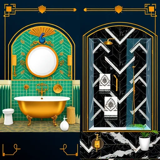 A luxurious blog cover image showcasing two vintage-inspired bathroom interiors side by side, emphasizing bathroom remodeling ideas. The left bathroom features a gleaming clawfoot tub with golden accents, intricate emerald and bronze tilework, and a streamlined vanity with a round, backlit mirror, highlighting elegant, classic design. The right bathroom presents modern elegance with a geometric glass shower enclosure, black and white marble patterns, a minimalist gold faucet, and decorative fan-shaped wall sconces, blending contemporary style with art deco flair. Symmetrical decorative elements such as zigzag patterns, sunburst motifs, and stylized floral details frame the bathrooms, adding sophistication. Quirky touches include a vintage peacock-shaped soap dispenser, geometric-patterned towels on vintage hooks, and small stylized plants in art deco pots, imparting playful charm. The background features a subtle gradient of deep navy blue and rich gold with faint art deco motifs like fan shapes and streamlined patterns, reinforcing an opulent atmosphere. The color palette includes rich golds, emerald greens, black, white, and bronze accents, emphasizing elegance. The crisp, clean lines and symmetrical composition evoke a refined yet lively Art Deco style, capturing the transformative potential of bathroom renovations in a luxurious and inviting visual narrative.
