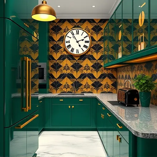 A sleek, elegant Art Deco-inspired kitchen showcasing a sophisticated galley layout with streamlined cabinets featuring geometric patterns and glossy lacquered surfaces in deep emerald green and gold accents. Polished marble countertops with bold zigzag veining complement the symmetrical, stylized pendant lights that cast warm, ambient illumination. Reflective armoires and streamlined handles highlight a luxurious yet minimalist aesthetic. A vintage art deco clock with bold black and gold details hangs on the back wall, adding a quirky touch. Decorative details include a retro zigzag-decorated toaster and an abstract metallic fruit bowl on the counter, injecting personality. The backsplash features a gold-and-black mosaic pattern with sunburst and chevron motifs, evoking glamour and vintage charm. Rounded edges and symmetrical design elements create a sense of order and harmony, while playful asymmetry in knobs and small geometric patterns introduce subtle eccentricity. A potted plant with lush greenery adds a fresh, lively touch. Overall, the space combines modern luxury with quirky personality, emphasizing rich emeralds, golds, black, and white in an Art Deco style characterized by bold lines, symmetrical forms, and decorative motifs for a visually striking and timeless look.