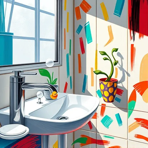 An expressive, colorful illustration of a modern bathroom featuring bold brushstrokes inspired by Expressionism. The scene showcases a sleek, contemporary bathroom interior with exaggerated swirling shapes, vibrant reds, electric blues, zesty yellows, and rich emerald greens that create an energetic, inviting atmosphere. Highlights include shimmering chrome fixtures, a minimalist sink with a playful, unusual curved design, and intricately patterned tiles with dynamic lines that seem to dance. Floating bright, contrasting soap bubbles add whimsy, while a quirky plant with twisting leaves in a vibrant patterned pot leans playfully toward the sink. Large abstract prisms of light filter through frosted glass windows, casting colorful reflections across the walls and floor. Hidden details include a tiny rubber duck peeking from behind the faucet and a subtle grin in the soap dish, enhancing the playful mood. This lively scene celebrates innovative bathroom design, creativity, and personality, emphasizing transforming ordinary spaces into artistic retreats with humor and vitality.