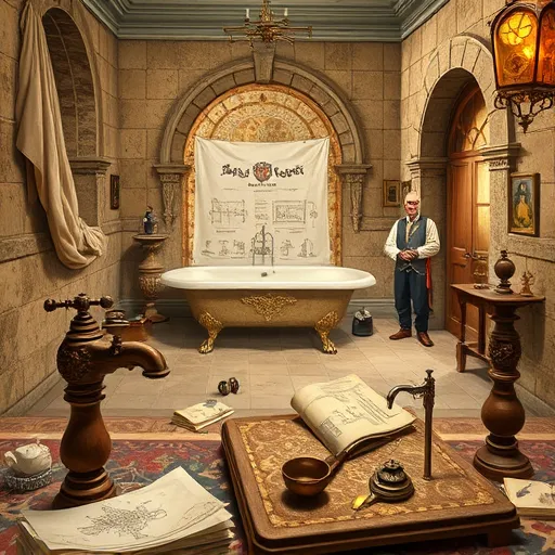 A detailed Renaissance-style painting illustrating the theme of bathroom remodeling, depicting a classical bathroom transformed into a whimsical workshop. The scene features a richly patterned marble countertop with intricate wooden tools resembling Renaissance craftsmanship, alongside unfurled blueprints with delicate plumbing sketches. A grand, carved floral bathtub is the focal point, complemented by an ornate faucet, a gilded mirror reflecting progress, and a medieval-style lantern casting warm light. Charming, tiny clockwork robots assembling pipes and fixtures add playful detail without human figures. In the background, stone walls with classic tile patterns are partially covered by protective sheets adorned with heraldic emblems, indicating ongoing renovation. An archway reveals a craftsman in period attire studying a blueprint titled “Bathroom Revival,” emphasizing expertise. Warm hues of gold, brown, blue, and cream evoke an atmosphere of serene industriousness, blending Renaissance artistic grandeur with themes of craftsmanship, transformation, and meticulous progress in bathroom remodeling.