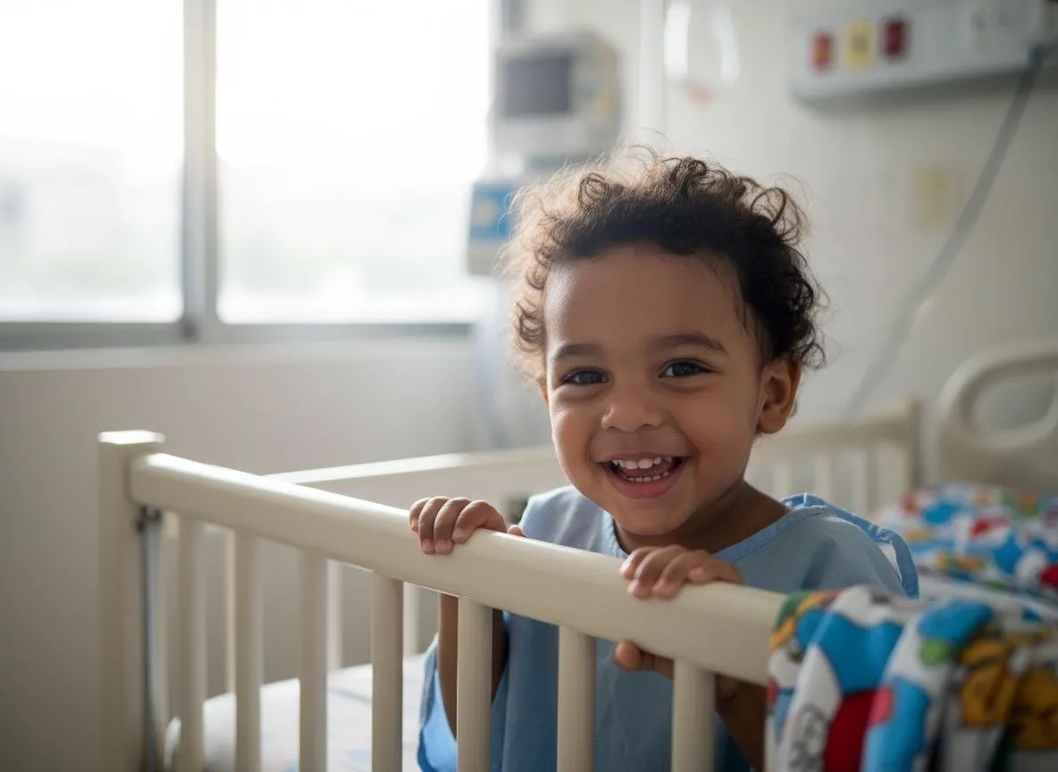 Niño asomando la cabeza por encima de la baranda de una cuna de hospital