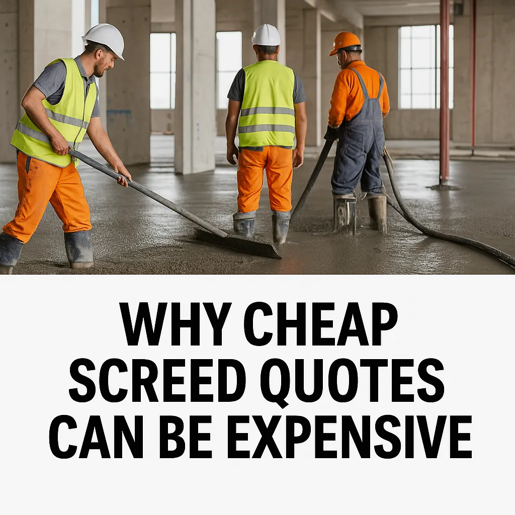 Two construction workers on a screeding site with a text overlay highlighting the risks of competitive screed quotes in fast-track fit-out projects.