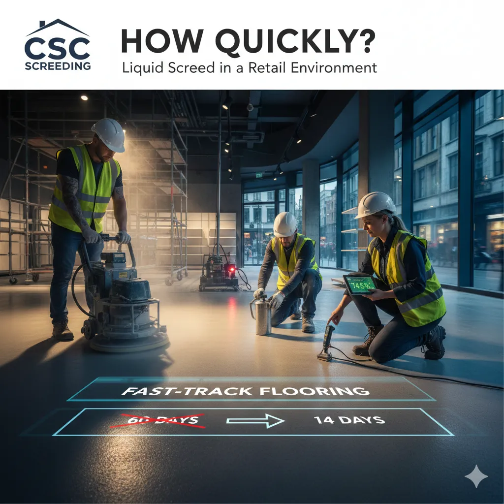 CSC Screeding specialists performing moisture testing and mechanical sanding on a retail floor to accelerate liquid screed drying times from 60 days to 14 days.