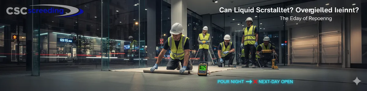 CSC Screeding technician performing a moisture test on a commercial liquid screed floor to verify readiness for foot traffic.