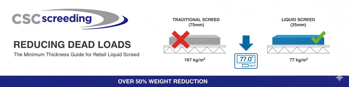 CSC Screeding technical guide showing minimum thickness for bonded and floating liquid screed applications to minimize floor weight.