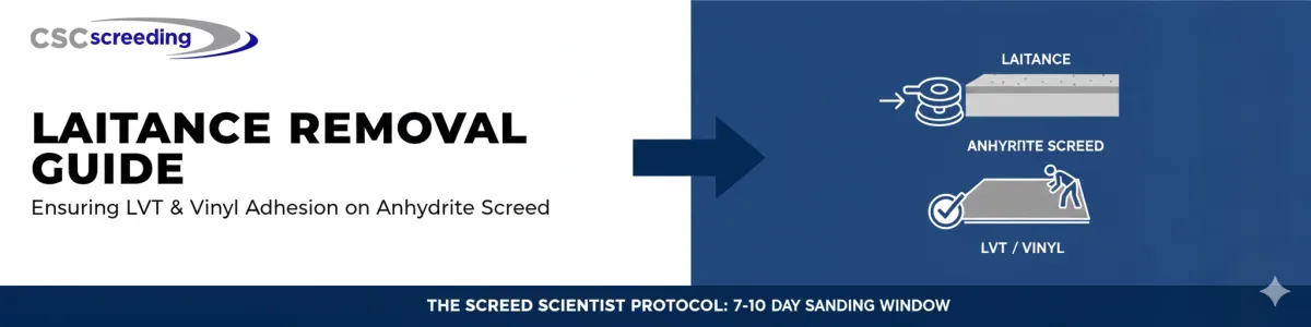 Mechanical sanding of anhydrite liquid screed to remove surface laitance before installing retail vinyl flooring.