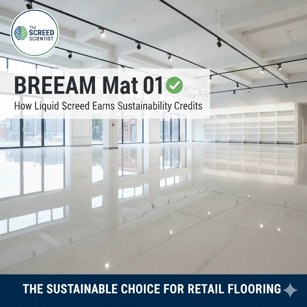 A high-resolution, overhead view of a perfectly smooth liquid screed floor being installed in a large-scale commercial retail unit.