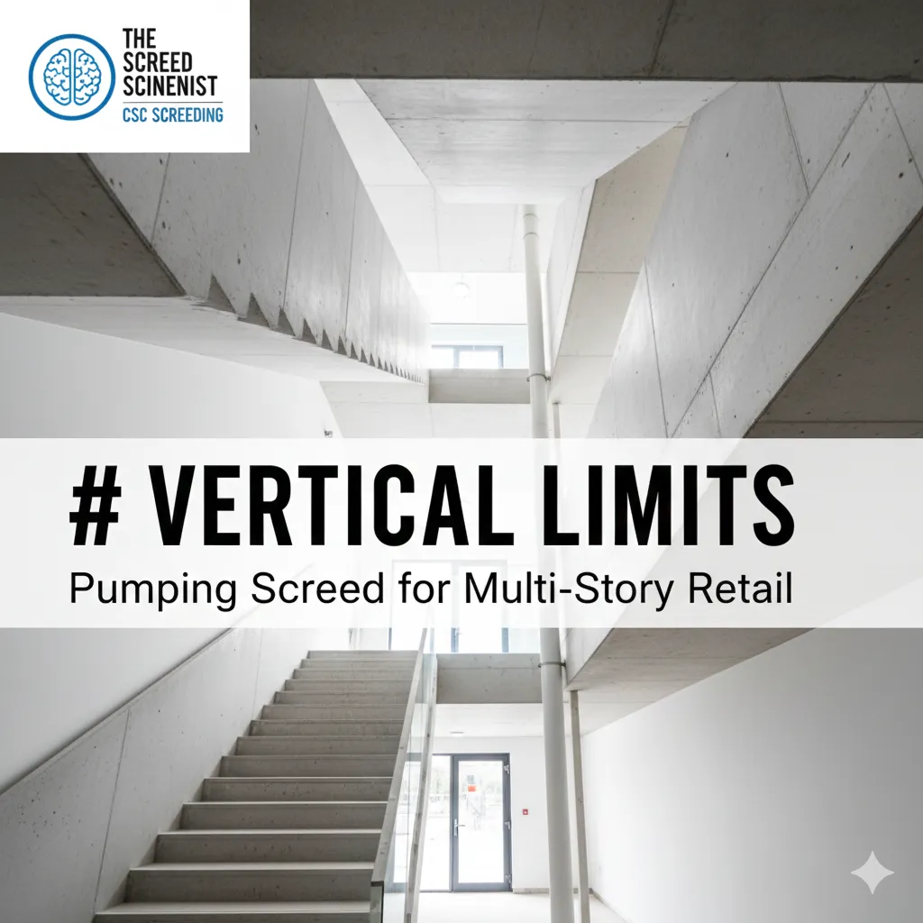 Minimalist header for CSC Screeding blog: Text overlay on a multi-story building site representing vertical liquid screed pumping limits.