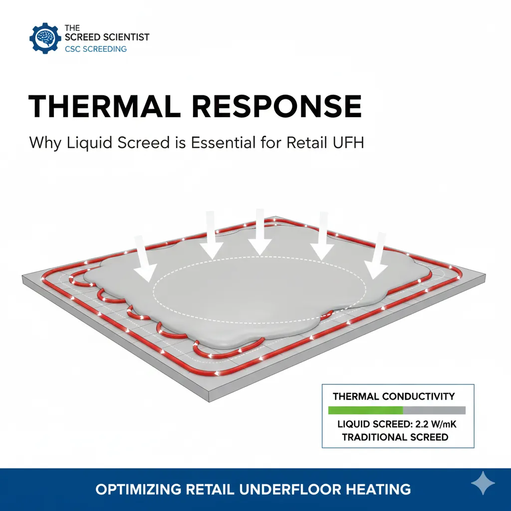 Cross-section diagram showing liquid screed perfectly encapsulating underfloor heating pipes for maximum thermal conductivity.