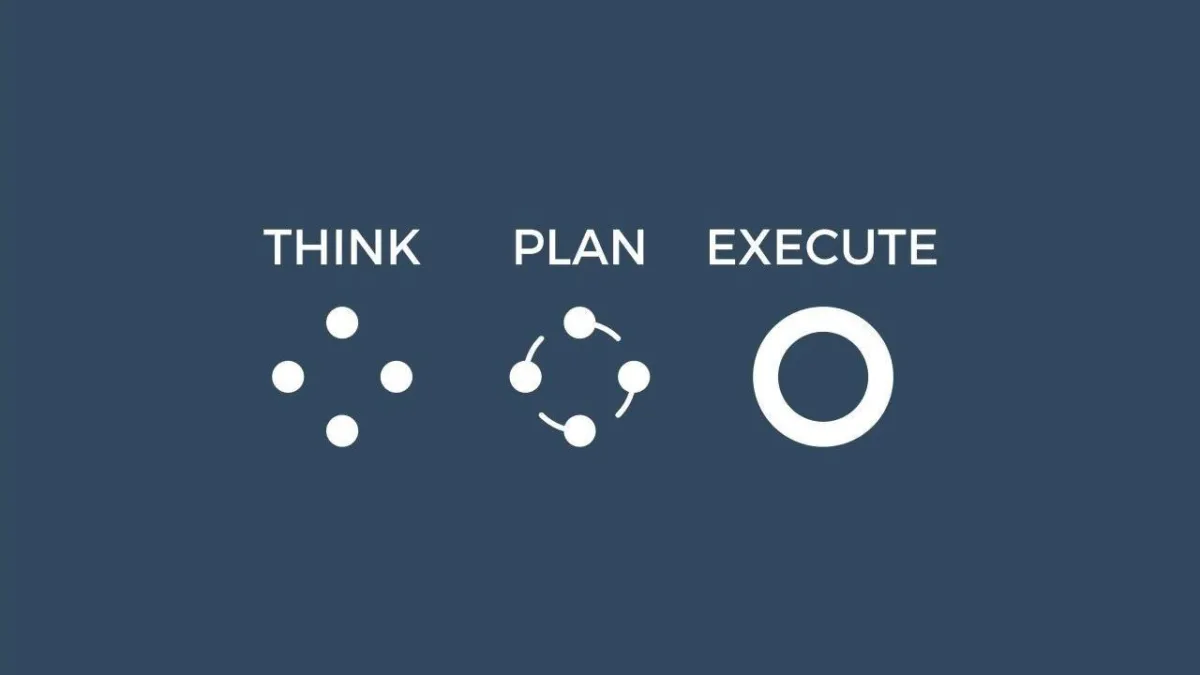 navy blue background with white words "Think, plan execute"