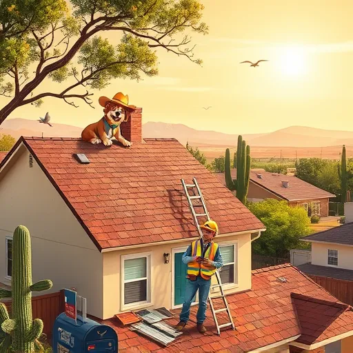 A realistic scene of residential roof repair in Converse, Texas, showing a suburban neighborhood with single-family homes, lush greenery, and distant hills under a clear, sunny sky. The focal point is a freshly replaced asphalt shingle roof in earthy tones of brown, gray, and terracotta, reflecting the Texas climate. A friendly, cartoonish dog wearing a cowboy hat playfully peeks from a tree branch, adding a whimsical touch. A cheerful construction worker in casual attire and a bright safety vest inspects the roof while holding a tablet displaying schematics. A sturdy ladder leans against the house, with a colorful toolbox nearby and scattered roofing materials such as shingles and tiles, indicating ongoing repair work. In the background, cacti and mesquite trees enhance the regional Texas landscape. Additional details include a bird nesting in the eaves and a postal box decorated with Texas-themed stickers, conveying community and local character. The scene exudes a professional yet approachable atmosphere, emphasizing trust, quality, and home improvement, with warm earth tones and vibrant accents creating a welcoming, lively mood suitable for a blog on residential roof repair in Converse, Texas.