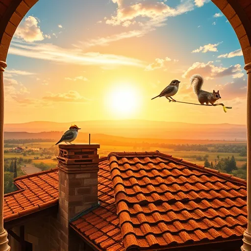 A highly detailed High Renaissance-style mural illustrating the essence of commercial roofing in Bulverde, Texas, at sunrise. The scene features traditional roofing motifs intertwined with modern technology, including shimmering solar panels resembling stained glass, shining copper flashing, and textured shingles symbolizing craftsmanship. In the background, rolling Texas hills under a bright blue sky with wispy clouds create a natural backdrop. Playful details include a friendly, plump bird wearing a construction helmet perched on a chimney and a curious squirrel with a measuring tape scurrying along a wooden beam. Elegant Renaissance-inspired architectural elements such as ornate columns and archways frame the scene, emphasizing stability and heritage. Warm color tones like ochre, red, brown, and touches of emerald green evoke trust, professionalism, and vitality, blending historical artistry with modern roofing innovation in a vibrant, confident composition ideal for a commercial roofing blog in Bulverde, Texas.