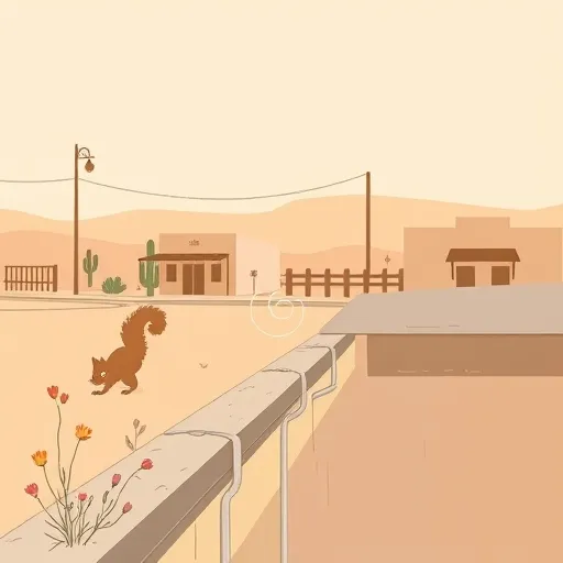 A minimalist illustration of Johnson City, Texas, highlighting its rural street scene. The image features a smooth-line drawing of a small-town street corner with weathered gutters running along the curb, textured to suggest age and character. Nearby, stylized cacti and wildflowers add regional flora. In the background, simple silhouettes of flat-roofed buildings with Texas-style facades evoke the local architecture. The soft sunset sky in pastel oranges and muted blues creates a warm, serene atmosphere. The ground is shaded in sandy beige, with playful details like a squirrel perched on a gutter and wind swirls enhancing the lively yet calm mood. The artwork employs flat geometric shapes, clean lines, minimal shading, and a harmonious desert-inspired color palette, capturing the charm of small-town Texas infrastructure in a contemporary minimalist style.