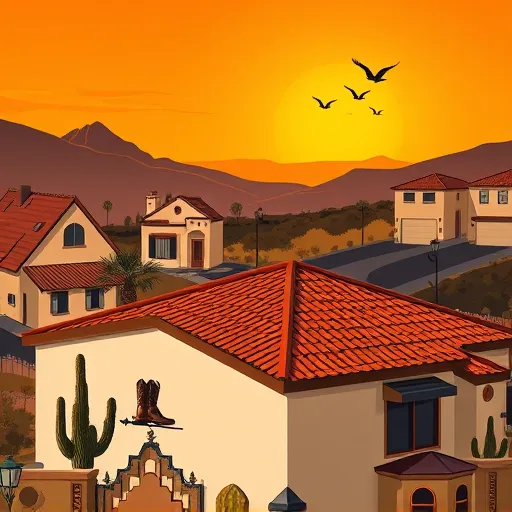 An Art Deco-inspired illustration of residential roofing in Pipe Creek, Texas, featuring sleek, geometric rooftops with zigzag patterns and stylized terracotta tiles that reflect 1920s elegance. The scene depicts a sunlit neighborhood with angular houses nestled among rolling hills and sparse desert flora, showcasing the rugged yet refined Texas landscape. In the foreground, a large decorative roof design displays abstract patterns, streamlined vents, and a vintage-style weather vane shaped like a cowboy hat, highlighting craftsmanship with playful details. The background features a stylized sunset sky in warm burnt orange, gold, and deep indigo hues, casting long shadows and emphasizing clean lines and symmetrical forms. Quirky elements include geometric cacti with zigzag arms, art deco fences and street lamps, and whimsical boot ornaments on an awning. The scene combines heritage and modernity with polished, sharp lines and a cohesive color palette of warm terracotta, gold accents, and deep blues, evoking warmth, trust, and sophistication—perfect for a blog cover celebrating craftsmanship and regional pride.