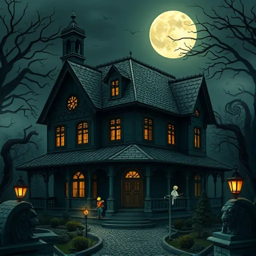 A gothic-inspired illustration of residential roofing services in Alamo Heights, Texas, featuring an ornate Victorian-style house with tall gabled roofs, arched windows, and intricate detailing. The textured roof shingles display subtle stained glass motifs, illuminated by pale moonlight under a dark twilight sky. Surrounding the house are leafless, twisted trees casting eerie silhouettes, enhancing the gothic atmosphere. Playful, spectral roofers dressed in Victorian workwear with decorative tools are repairing the roof, adding whimsical charm. gothic-style lampposts emit flickering light over cobblestone pathways that wind through a foggy garden with twisted plants and stone gargoyle sculptures lurking in the shadows. The scene uses deep emerald greens, midnight blues, faded golds, and sepia accents, creating a somber, mystical ambiance that highlights craftsmanship with a gothic artistic flair, perfect for a captivating blog cover emphasizing roofing expertise with a hauntingly elegant personality.