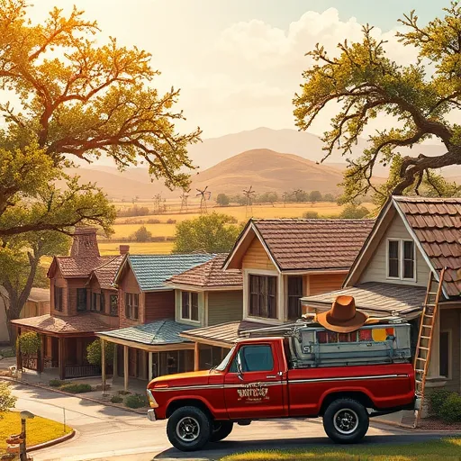 A vibrant, detailed scene of residential roofing in Blanco, Texas, showcasing a charming small-town neighborhood with cozy homes surrounded by sprawling oak and pecan trees. The roofs feature diverse styles, including classic shingle patterns, rustic tin roofs, and a whimsical patchwork-tile roof, highlighting craftsmanship and variety. Bright sunlight casts soft shadows across the scene, enhancing warm earthy tones like terracotta reds, sage greens, and sunlit yellows in a SocialRealism style that emphasizes authenticity and community spirit. In the foreground, a cheerful cartoonish utility truck with exaggerated wheels and a smiling logo signifies local craftsmanship, with tools such as hammers, paint brushes, and a vintage blueprint nearby. The background features rolling hills, open skies, distant windmills, and fluffy clouds, characteristic of Texas’ scenic landscape. Playful details include a stray cowboy hat on a porch rail and a small dog peeking from a garden, adding warmth and personality to the scene, celebrating the artistry of home improvement in Blanco, Texas.