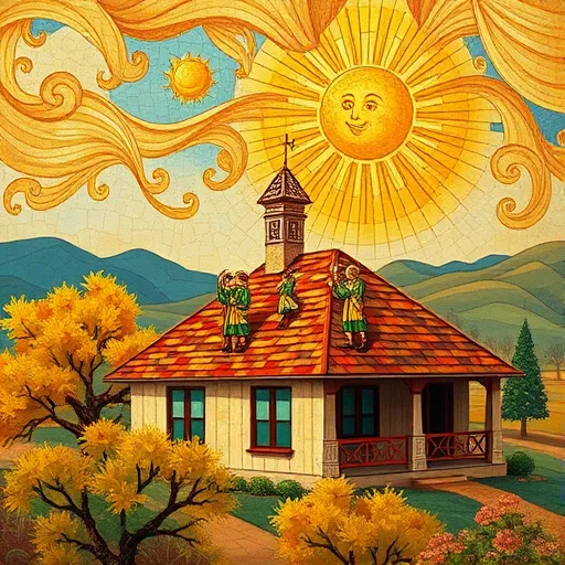 A vibrant and solemn Byzantine-style depiction of a residential roof replacement in Pipe Creek, Texas, featuring a traditional Texas home with a partially exposed roof structure. Stylized, elongated artisans with gilded robes and halos methodically replace weathered shingles. Surrounding the scene are lush cypress trees and mesquite shrubs with stylized gold, emerald, and terracotta leaves. The sky is a luminous golden and soft azure aureole with stylized clouds and rays of divine light illuminating the workers. Quirky details include an ornate steeple-shaped weather vane decorated with Byzantine crosses and filigree, gently fluttering in the breeze, and a smiling sun peeking over the horizon. The background showcases an abstract mosaic-like representation of Texas hill country with layered patterns in blues and sunset hues. The overall composition combines sacred Byzantine aesthetics with rustic Texas charm, emphasizing craftsmanship, natural beauty, and a spirit of renewal through a textured, harmonious palette of golds, deep blues, sunset oranges, and lush greens.