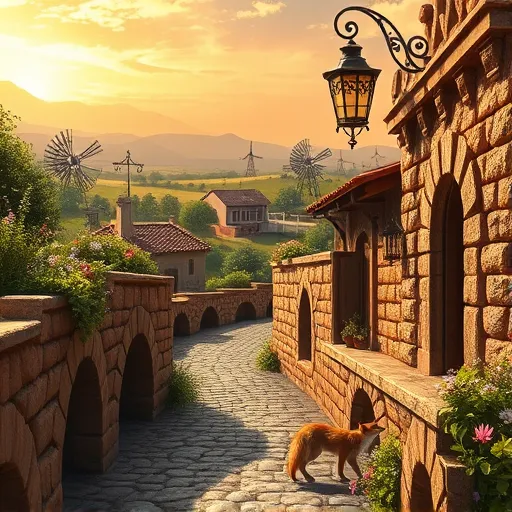 A detailed Renaissance-style painting illustrating the charming gutters of Helotes, Texas, transformed into an enchanted miniature landscape. The scene features a winding cobblestone street flanked by rustic, weathered stone gutters resembling small, intricately carved aqueducts with arches and ornate details reminiscent of classical Roman architecture. Blooming wildflowers and lush greenery spill over the edges of the gutters, highlighting local flora, while playful animals such as a curious fox peeking from behind a stone and a colorful songbird perched atop a gutter arch add whimsical charm. Eccentric details include a tiny wrought-iron sign with a stylized cowboy hat hanging from a lamppost. The gutters subtly flow into rivers of shimmering gold, symbolizing Helotes' treasure of history and charm. The background showcases a serene Texas landscape with rolling hills, old pecan trees, and distant windmills, rendered in warm, earthy Renaissance hues—ochres, siennas, muted greens, and gentle blues—that evoke nostalgia and timelessness. The sky is a soft amber with hints of rose, creating an inviting, tranquil atmosphere that celebrates Helotes’ quaint, quirky essence through a blend of Renaissance artistry and local character.