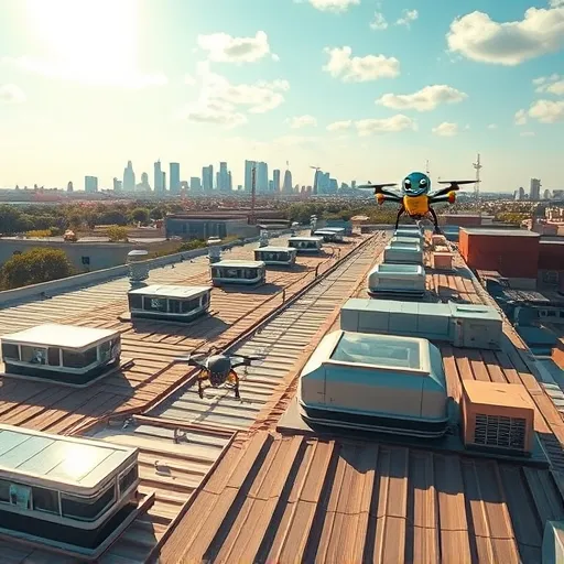 A hyperrealistic image of a busy commercial roof in Universal City, Texas, showcasing detailed modern roofing materials such as metal panels, reflective skylights, and organized HVAC units under a warm Texas sun. A small cartoonish drone with exaggerated eyes and a cheerful smile hovers nearby, adding playful personality and symbolizing innovation. In the background, the Universal City skyline fades into a bright blue sky dotted with oversized, fluffy clouds, creating an inviting atmosphere. Lush greenery borders the scene, with subtle hints of local landmarks. The composition emphasizes clean, precise textures and layers of roofing elements in warm earth tones like browns, silvers, and greens, complemented by the drone’s yellow and black accents. The overall mood conveys professionalism, craftsmanship, and friendly innovation, blending technical realism with a charming, approachable spirit.