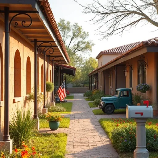 Photorealistic image of Castle Hills, Texas, showing a charming street scene with vintage wrought iron gutters featuring intricate scrollwork and slight rust, running alongside lush, manicured lawns decorated with colorful wildflowers and small American flags. In the background, there are single-story houses with Spanish tile roofs, stucco exteriors in warm earth tones like terracotta and beige, and quaint front porches with hanging plants and vintage lanterns. Warm afternoon sunlight illuminates the scene, casting gentle shadows that highlight the textures of the gutters and foliage. Playful details include a tiny vintage toy truck parked by a house and a whimsical mailbox shaped like a miniature castle turret, adding personality. The color palette features warm terracotta, sage greens, soft browns, and vibrant reds, yellows, and blues, creating a welcoming, nostalgic atmosphere that celebrates small-town charm and community character.