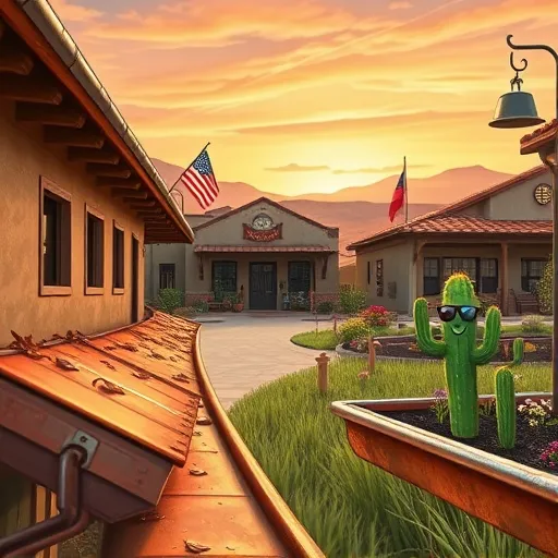 A vibrant digital art scene of Bulverde, Texas, showcaseing rustic, weathered gutters made of aged copper and tin along a winding alleyway. The gutters gleam softly under a warm, Texas sunset with a gradient sky of orange and pinks. Tiny details like stray leaves, twigs, and wildflowers grow around the gutters, adding natural charm. In the background, traditional Texas cottages with waving flag banners and colorful southwestern décor create an inviting atmosphere. A playful cartoon cactus with sunglasses and a big smile peeks from a corner, adding whimsy. The scene captures the textures, patina, and slightly exaggerated style of the gutters, emphasizing their quirky personality within a peaceful, rustic community setting.