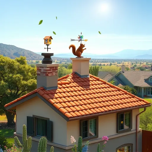 Realistic depiction of a Bulverde, Texas residential neighborhood featuring a charming modern house with a freshly installed, intricate shingle roof in warm terracotta and earthy brown tones. The roof includes playful details such as a tiny birdhouse on the chimney and colorful, windmill-shaped weather vanes. Lush greenery surrounds the home, with tall oak trees, desert plants like agave and yucca, and blooming wildflowers, reflecting regional Texas flora. A clear blue sky and soft golden sunlight cast gentle shadows, highlighting textures of shingles, bark, and grass. In the background, rolling hills and distant mountains add depth, with neighboring houses displaying various roofing styles. A curious squirrel sits atop the chimney cap, while a slight breeze lifts stray leaves, creating a lively yet calm atmosphere. The scene emphasizes craftsmanship, community pride, and approachable professionalism through vibrant colors, realistic textures, and warm earth tones, embodying the inviting warmth of a sunny Texas day and expert residential roofing.