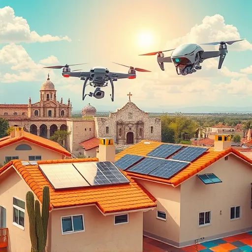 A vibrant, futuristic residential roof replacement scene in San Antonio, Texas, featuring sleek, high-tech tools and robotic drones precisely installing shiny solar tiles on angular, reflective rooftops under a warm midday sun. The background showcases iconic San Antonio landmarks like the Alamo, alongside stylized cacti and palm trees, rendered with sharp geometric lines and glowing accents, situating the scene in a forward-looking cityscape. Superimposed digital elements include streamlined clouds with grid overlays and hints of solar energy infrastructure integrated seamlessly with traditional southwestern architecture. Bright, energetic colors such as electric teal, vibrant orange, chrome silver, and warm sandy hues evoke innovation and efficiency. Playful details like floating construction helmets with animated eyes add personality, while the overall art style of pure Futurism emphasizes bold lines, dynamic angles, and movement, capturing the excitement of modernizing homes with cutting-edge technology in a city rich in history and progress.