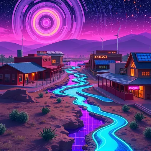A vibrant futuristic cityscape of Kendalia, Texas, featuring glowing, iridescent neon-lit water channels replacing traditional gutters, reflecting swirling cosmic hues of violet, teal, and gold in the sky. Elevated walkways and sleek hover trains weave between rustic ranch-style buildings enhanced with high-tech elements like holographic signs, metal panels, and solar rooftops, blending rural charm with cutting-edge design. In the foreground, stylized dry creek beds lined with bioluminescent plants and robotic critters—such as mechanical arms and tiny drones mimicking insects—add playful whimsy. The scene shows rolling hills with futuristic wind turbines and shimmering solar arrays under a starry night sky, symbolizing harmony between nature and advanced technology. The art style is bold and angular, with luminous colors of electric blue, purple, and gold, evoking energy, innovation, and hope in a vision of rural futurism where tradition and progress coexist.