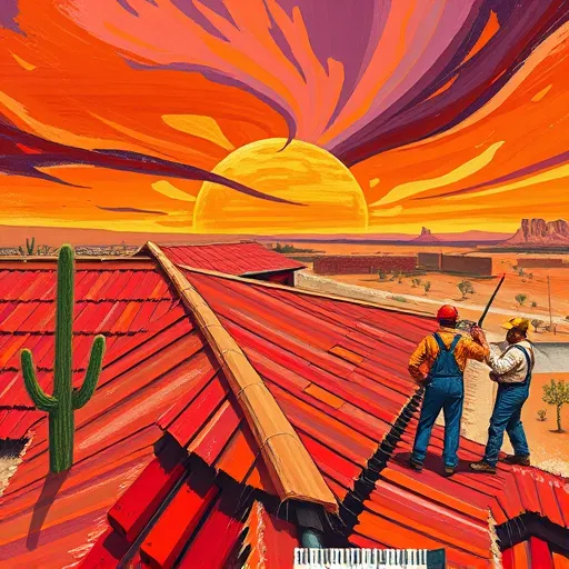 A vibrant neo-expressionist depiction of a commercial roofing scene in Natalia, Texas, featuring an exaggerated industrial roof painted with bold, jagged brushstrokes in reds, ochres, and oranges to evoke warmth and resilience. Swirling patterns suggest wind and weather resistance, with playful details like oversized tools such as a paintbrush and hammer embedded in the scene. The background shows iconic southwestern landscapes, including cacti, mesas, and a dynamic sky in purples, oranges, and blues, conveying vastness and endurance. Whimsical workers with colorful helmets and overalls strike energetic, dancing poses, emphasizing craftsmanship and hardworking spirit. The overall style is lively, bold, and expressive, highlighting local pride, durability, and the vibrant Texan desert atmosphere through raw brushwork and contrasting warm hues.