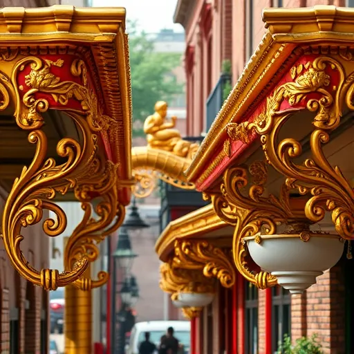 A highly detailed illustration of ornate, gold-colored rain gutters in Universal City, Texas, styled in opulent Baroque fashion. The gutters feature elaborate scrollwork, cherubic motifs, and floral embellishments, intertwining to form a decorative cityscape. Whimsical elements include a small cast-iron frog perched on a drip spout and shimmering water flowing with reflections. The background showcases a lively street scene with classic Texas brick buildings, vintage lampposts, and intricate textures, illuminated by dramatic chiaroscuro lighting. Warm tones of gold, deep browns, and crimson highlight the grandeur and quirky charm of Universal City. Subtle greenery and wildflowers frame the scene, enhancing natural contrast. The image emphasizes the craftsmanship and artistic elegance of the city’s infrastructure, transforming everyday gutters into a cinematic masterpiece full of richness and character.