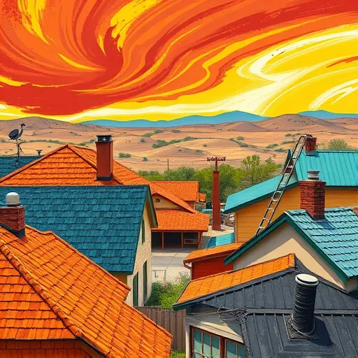 A Neo-Expressionist painting depicting residential roofing services in Medina, Texas. The scene features a cluster of charming homes with exaggerated, dynamic rooflines made of shingles, tiles, and metal, rendered in bold, textured brushstrokes. Vibrant colors such as terracotta oranges, deep blues, and warm ochres highlight the roofs, reflecting the lively Texas landscape. Playful details include a slightly tilted satellite dish and a chimney with whimsical smoke curls, adding personality. In the background, sweeping strokes illustrate rolling hills and mesquite trees, conveying rural charm. The sky is a tumultuous swirl of fiery reds and soft yellows, suggesting energy and safety. A stylized ladder leaning against a roof indicates craftsmanship, while a cartoonish bird perched on a chimney adds a fun touch. The overall scene exudes a lively, professional, community-oriented atmosphere, emphasizing reliable roofing services in Medina with an energetic, raw artistic style typical of Neo-Expressionism.